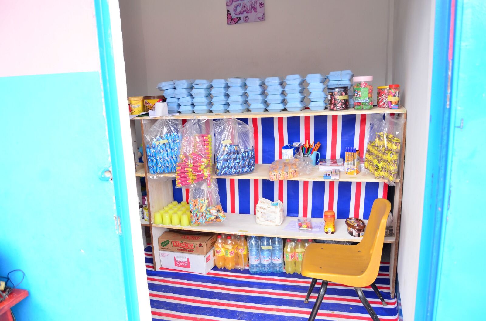 School canteen shelf with snacks and refreshments