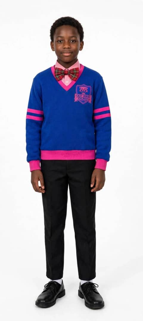 Pupil in Super Kids International School sweater uniform with bow tie