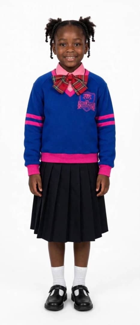 Pupil in Super Kids International School sweater uniform with bow
